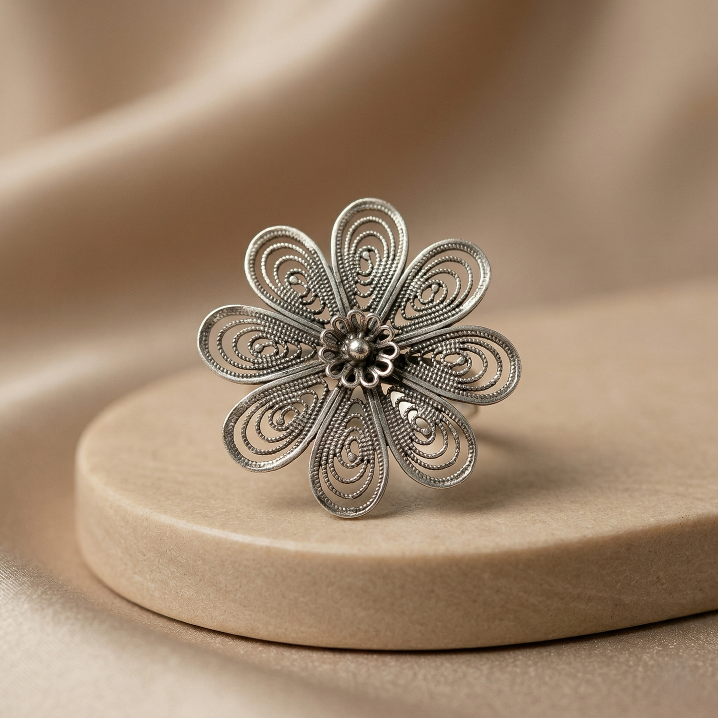 Handcrafted Silver Filigree Floral Petal Ring