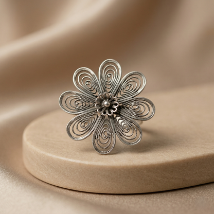 Handcrafted Silver Filigree Floral Petal Ring