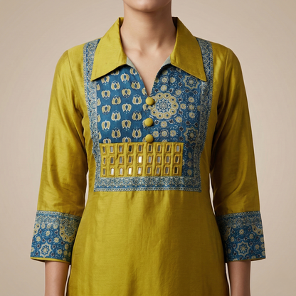 Golden Mustard Kurti with Indigo Accents