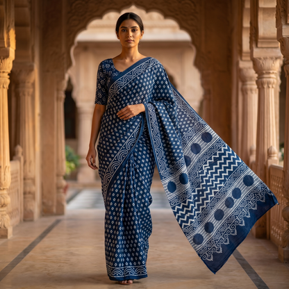 Indigo Hand-Block Printed Cotton Saree