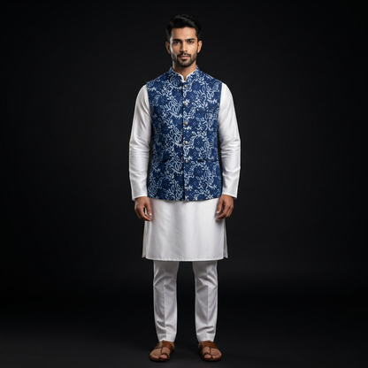 Indigo Silk Heritage Leaf Motif Waistcoat