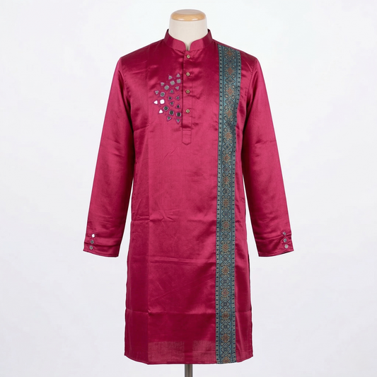 Crimson Modal Silk Kurta with Ethnic Accents