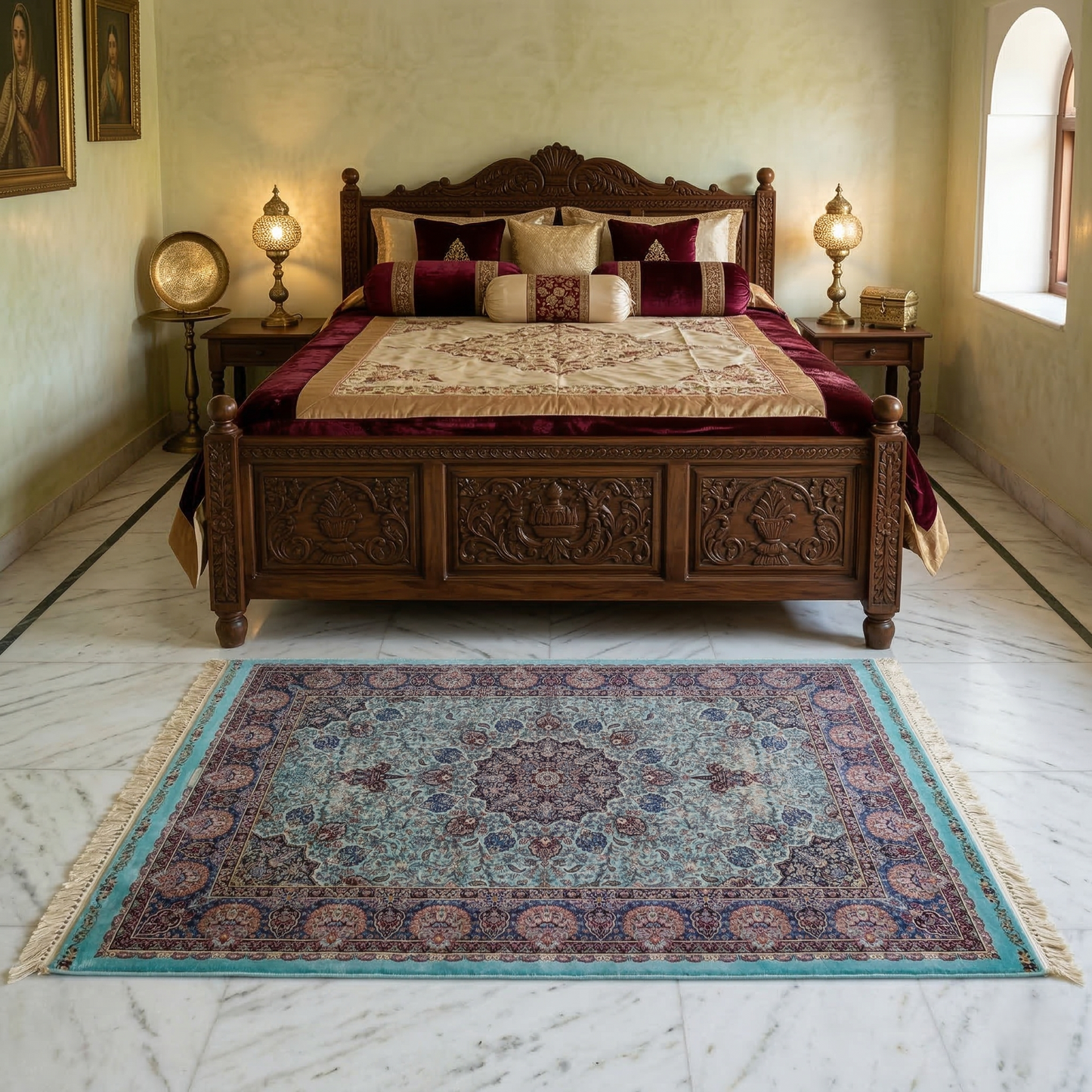 Turquoise Medallion Persian Silk Accent Rug