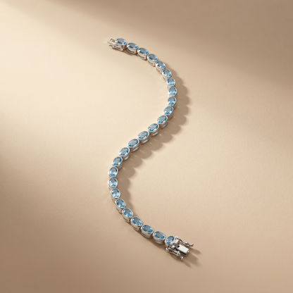 Elegant Oval Aquamarine Silver Tennis Bracelet
