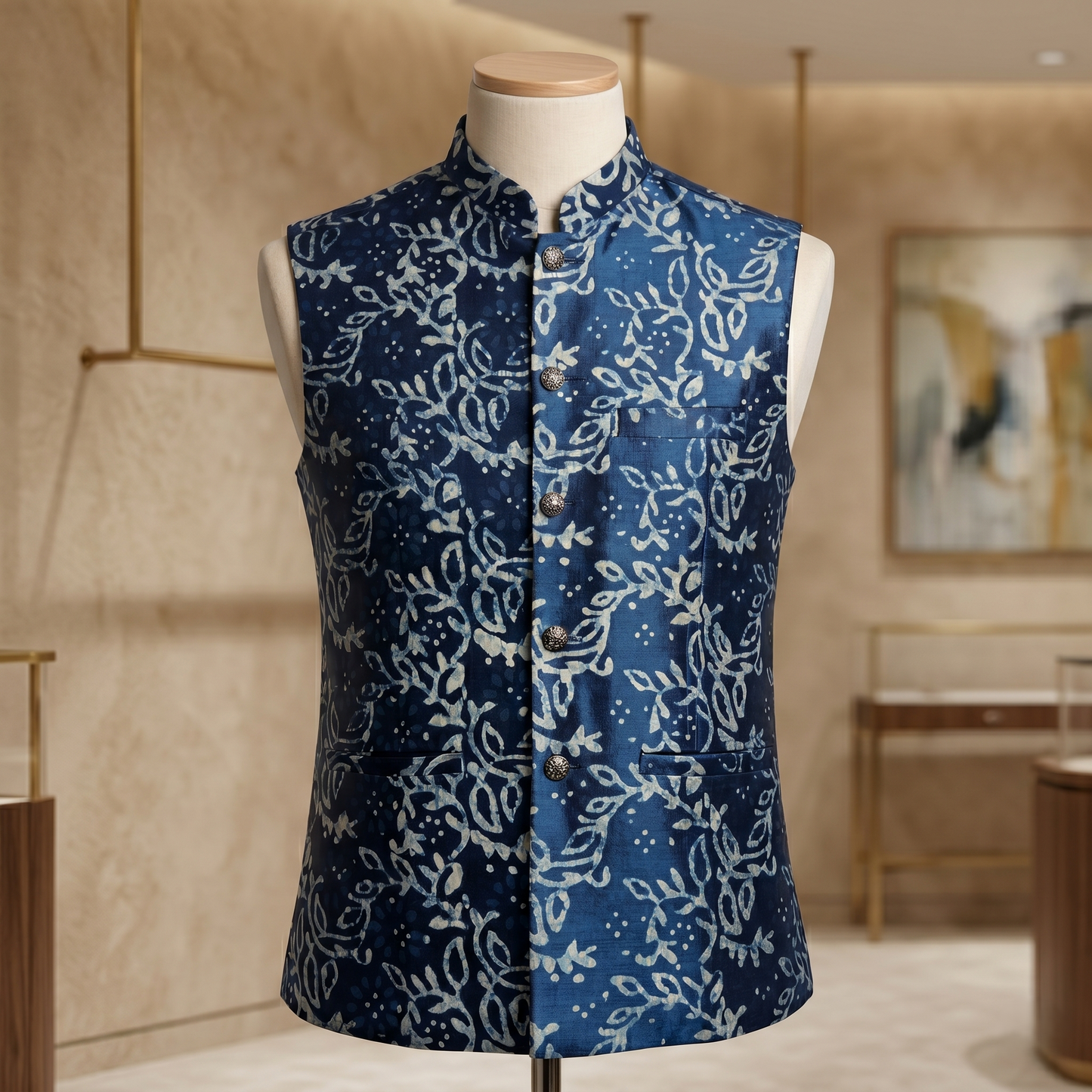 Indigo Silk Heritage Leaf Motif Waistcoat