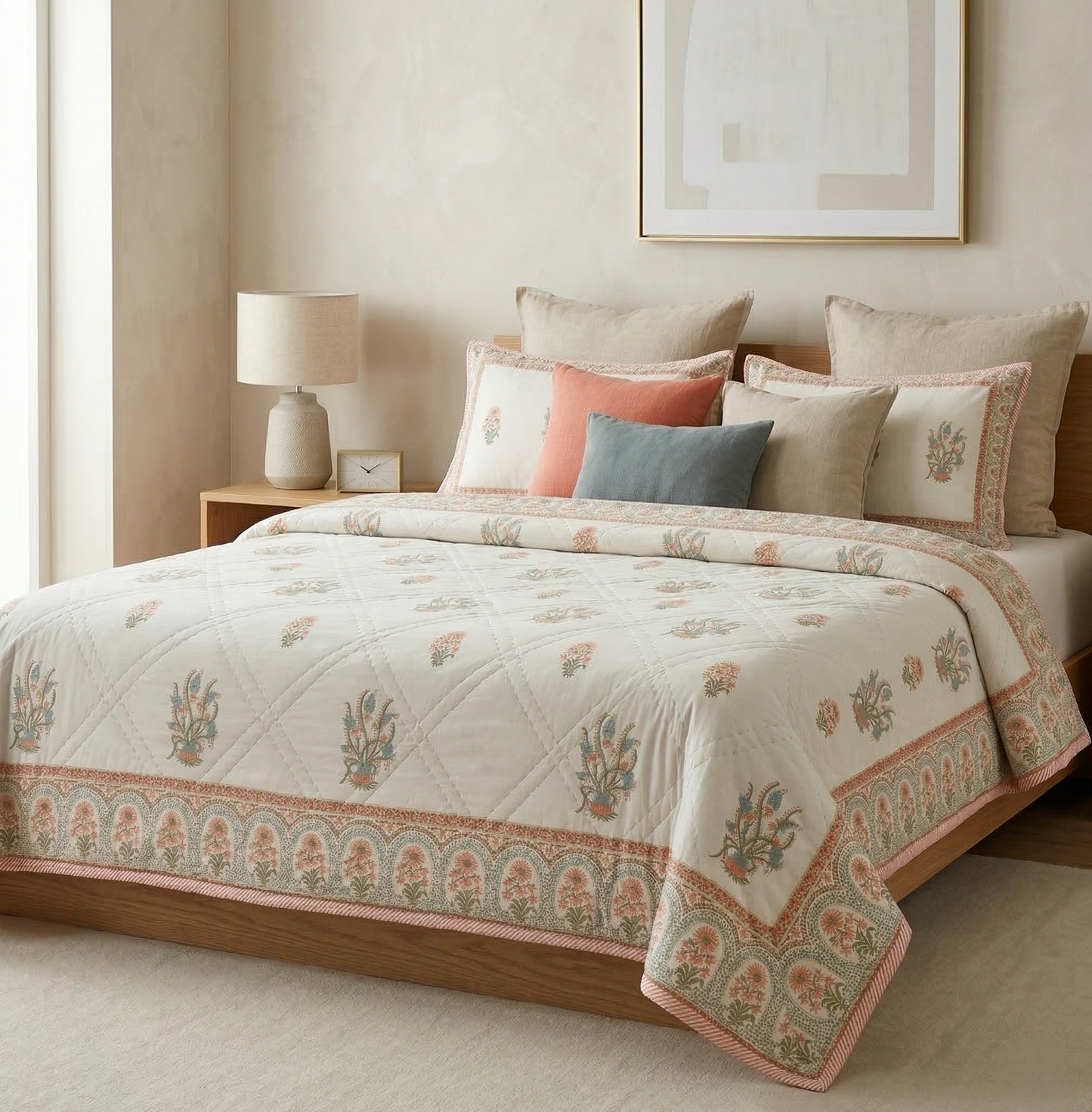 Hand Block Floral Cotton Coverlet Quilt