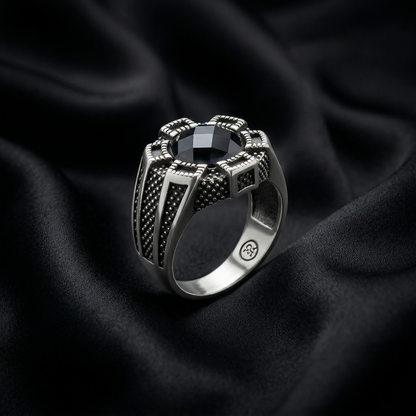 Bold Geometric Onyx Silver Signet Ring