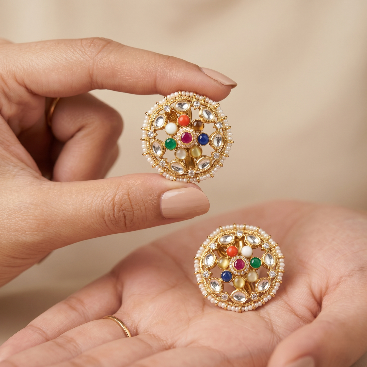 Navratna Inspired Gold Plated Silver Studs
