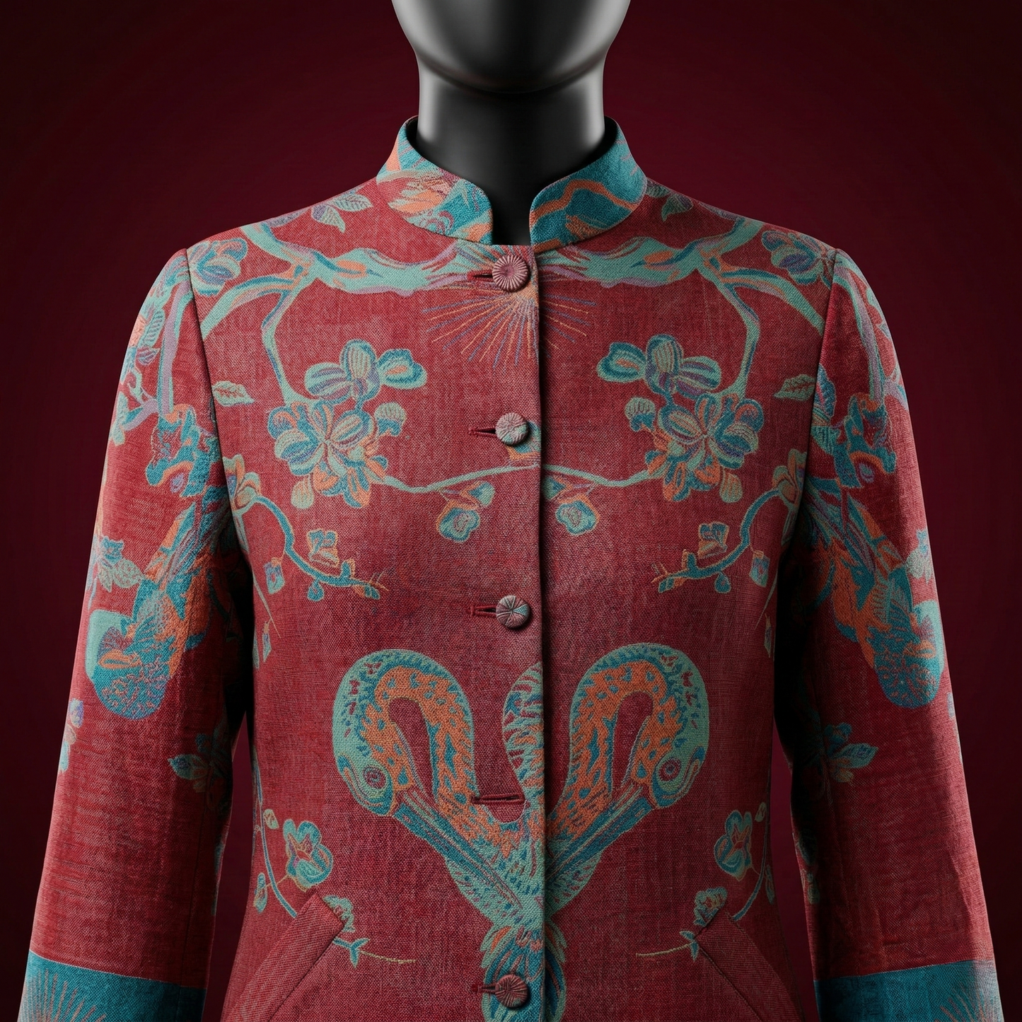 Ethereal Crimson Mandala Silk Mandarin Long Coat