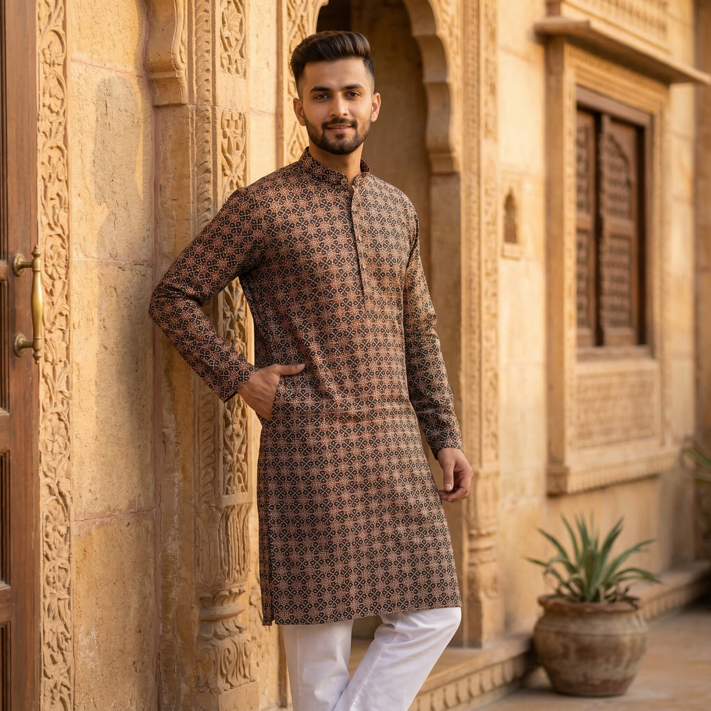 Ornate Geometric Print Modern Cotton Kurta