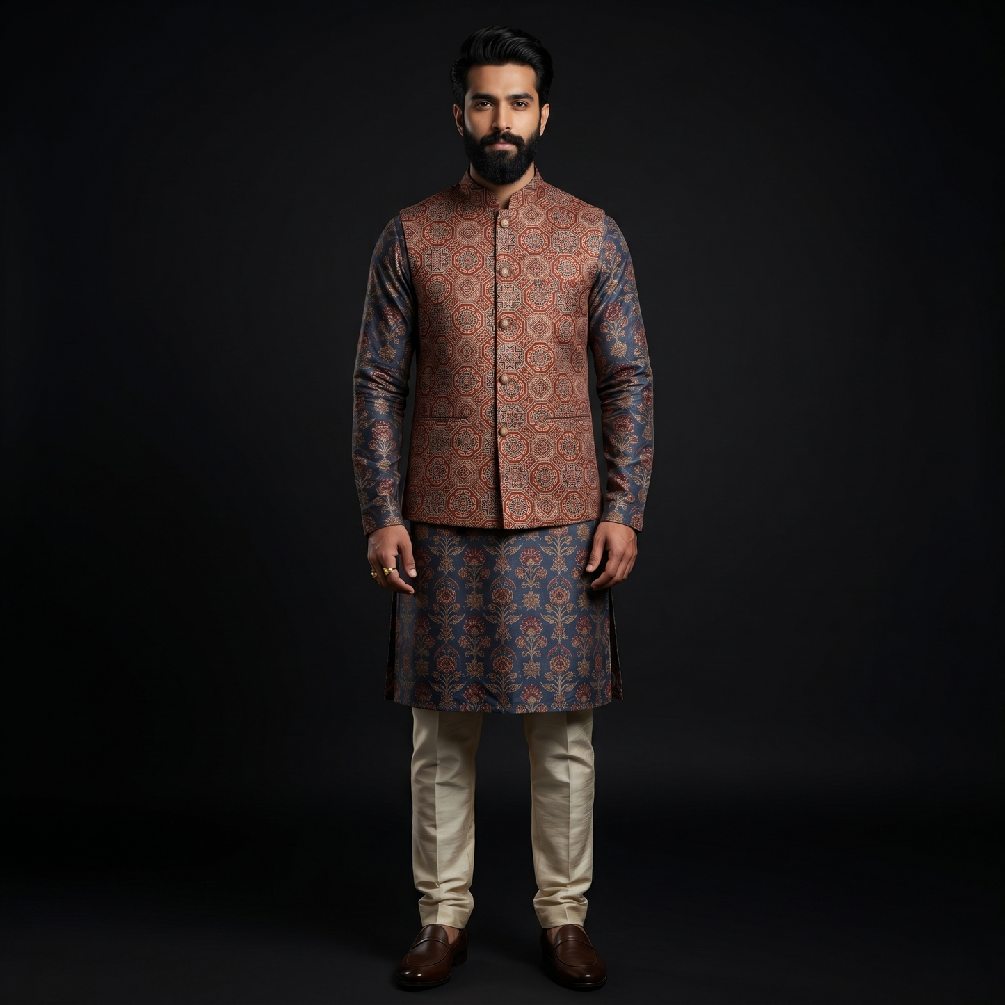 Heritage Ajrakh Print Silk Nehru Jacket