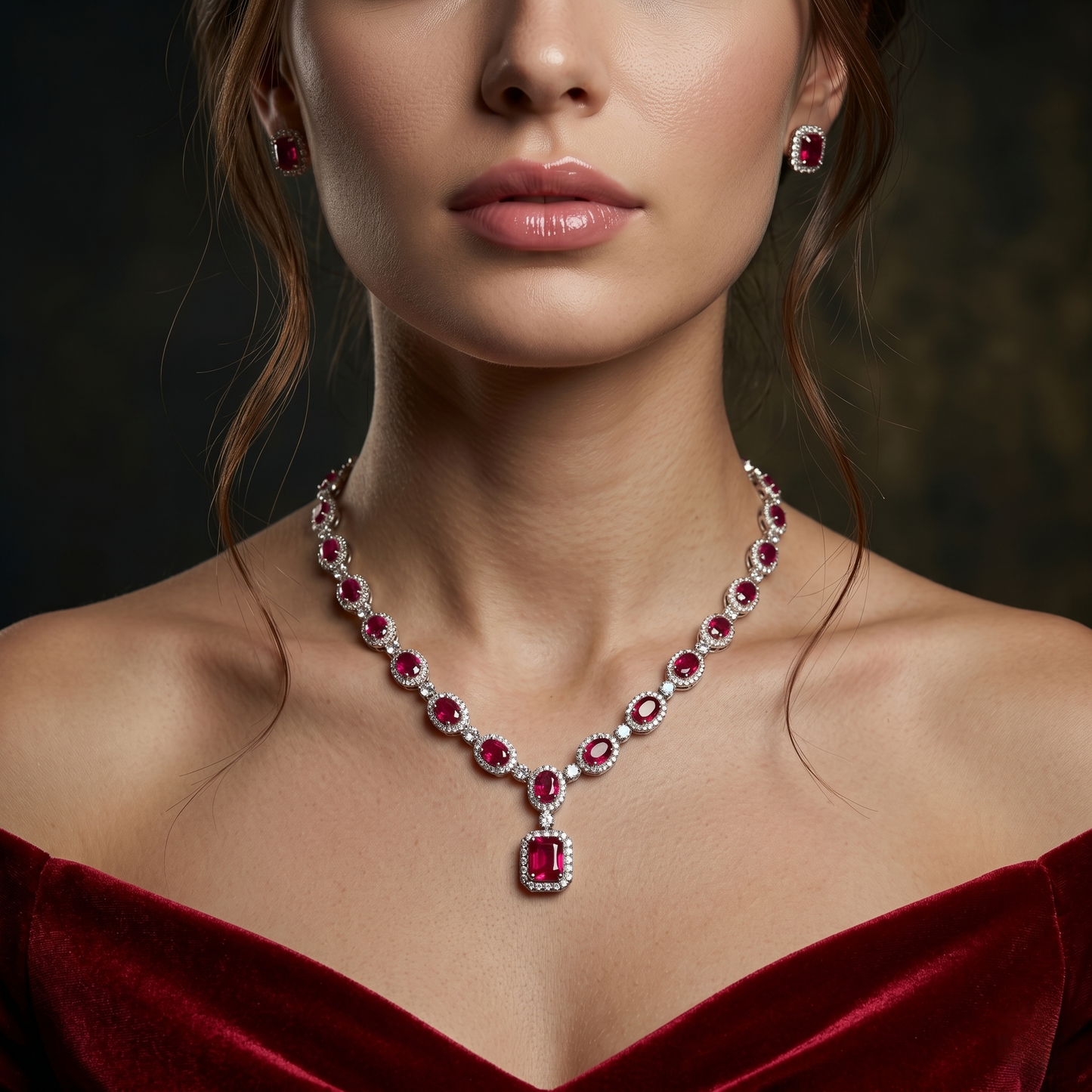 Radiant Crimson Halo Silver Jewelry Set