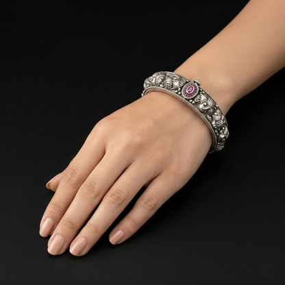 Antique Oxidized Silver Ruby Floral Kada