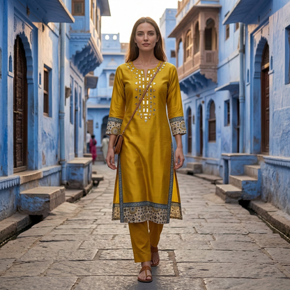 Mustard Mirror Work Kurti