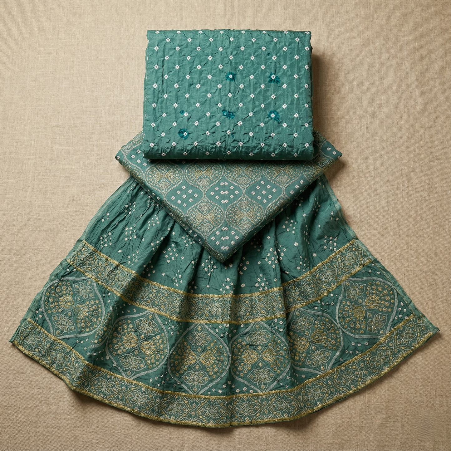 Sea Green Bandhani Print Unstitched Suit Set
