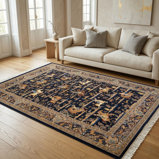 Navy Shikargah Handcrafted Hunting Scene Rug