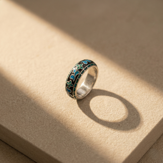 Silver Band With Emerald Enamel Inlay