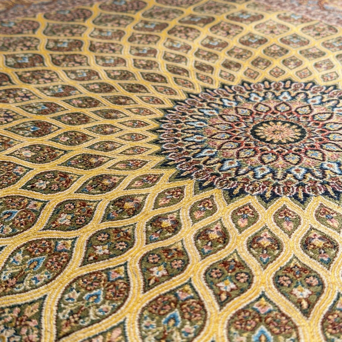 Hand Knotted Golden Medallion Persian Silk Rug
