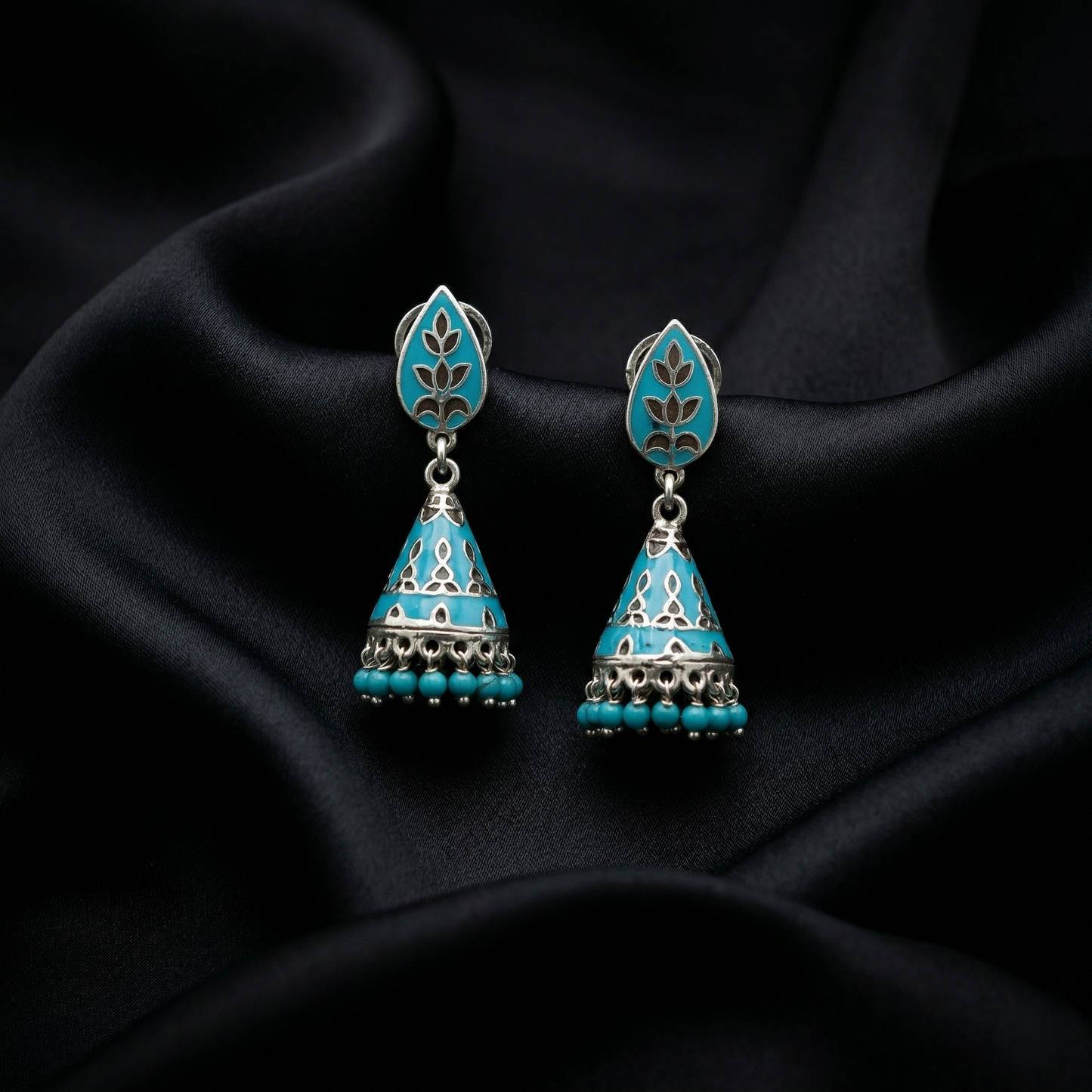 Teal Enamel Silver Floral Jhumka Earrings