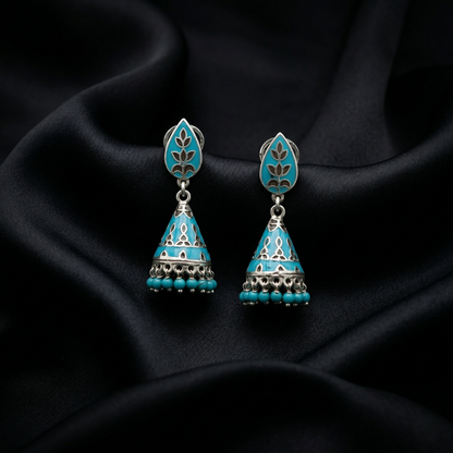 Teal Enamel Silver Floral Jhumka Earrings