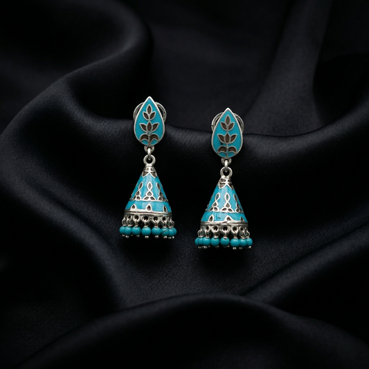 Teal Enamel Silver Floral Jhumka Earrings