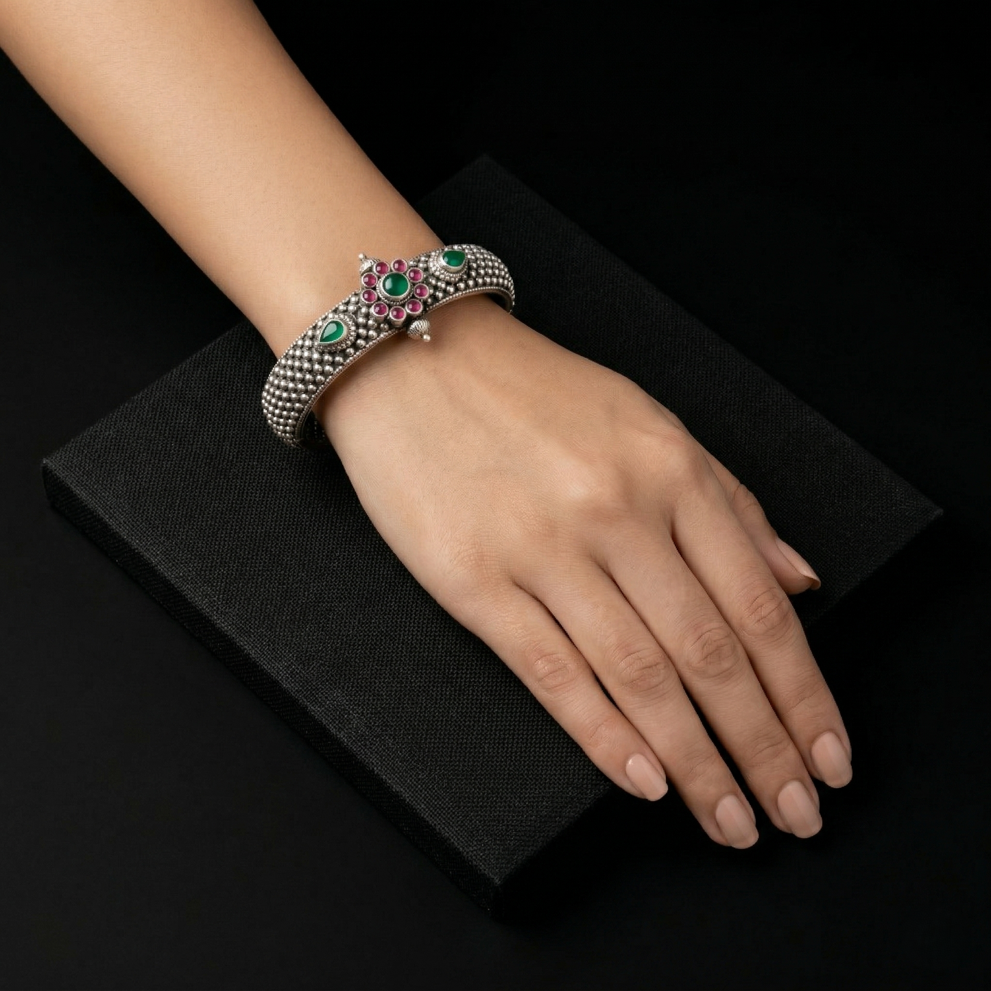 Handcrafted Floral Silver Kada with Gemstones