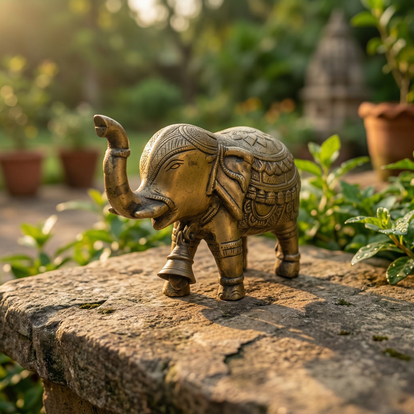 Title: Royal Brass Elephant with Ornate Carvings