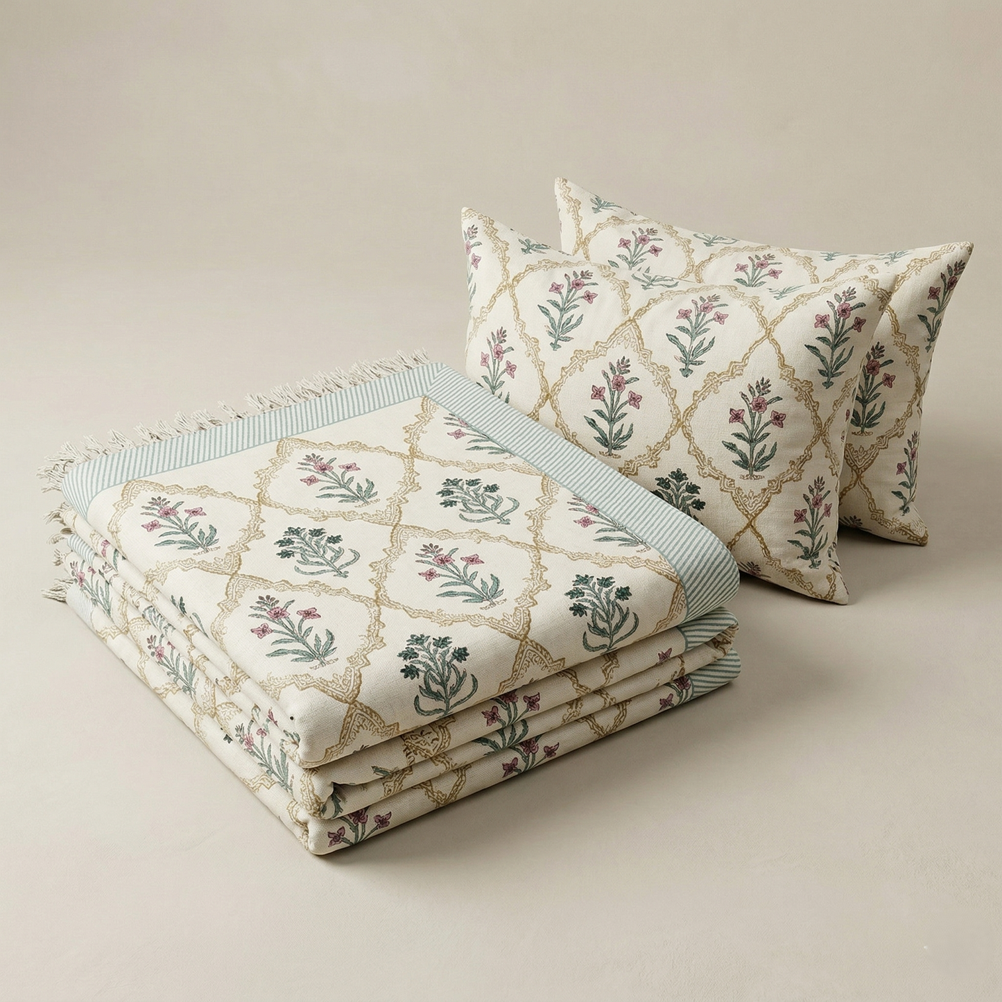 Vintage Floral Hand-Blocked Khadi Bedcover Set