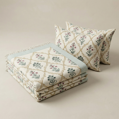 Vintage Floral Hand-Blocked Khadi Bedcover Set