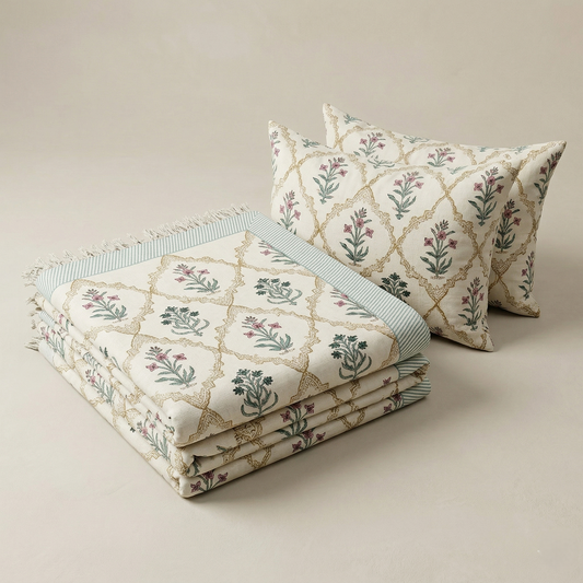 Vintage Floral Hand-Blocked Khadi Bedcover Set
