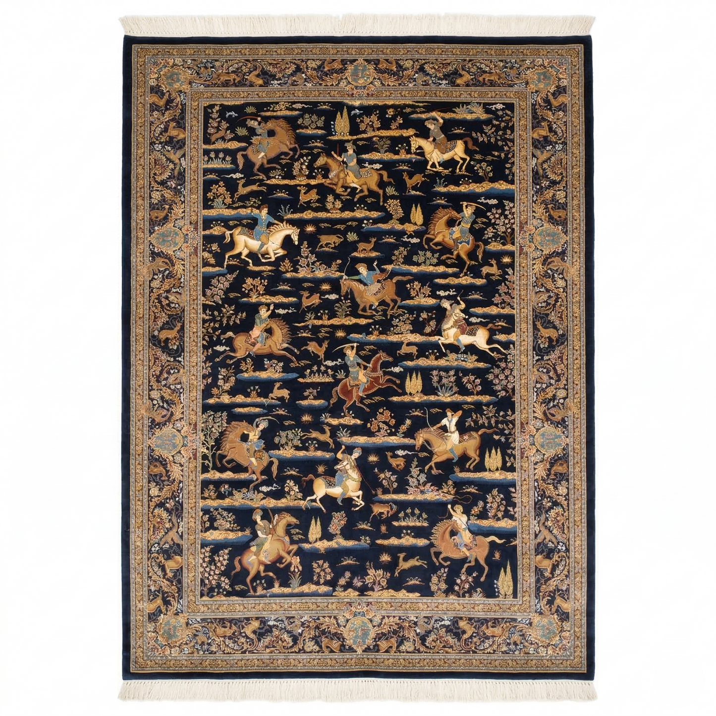 Navy Shikargah Handcrafted Hunting Scene Rug