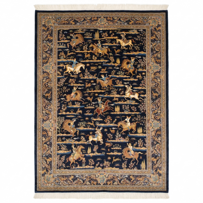 Navy Shikargah Handcrafted Hunting Scene Rug
