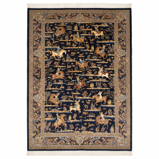Navy Shikargah Handcrafted Hunting Scene Rug