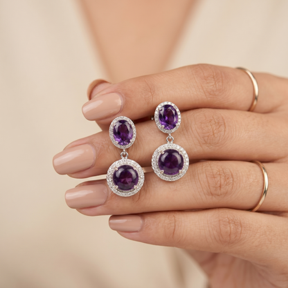Royal Amethyst Silver Halo Drop Earrings