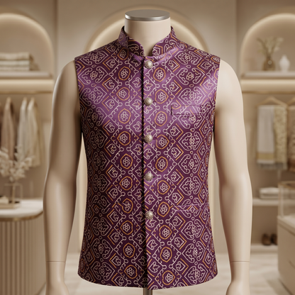 Royal Purple Bandhani Silk Heritage Waistcoat