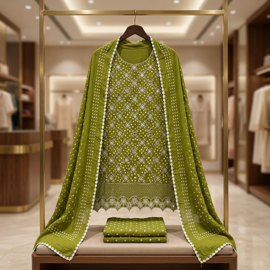 Olive Bandhani Embroidered Unstitched Suit Set