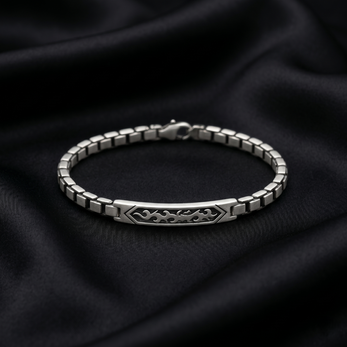 Tribal Flame Engraved Silver Box Bracelet