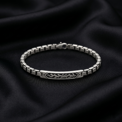 Tribal Flame Engraved Silver Box Bracelet