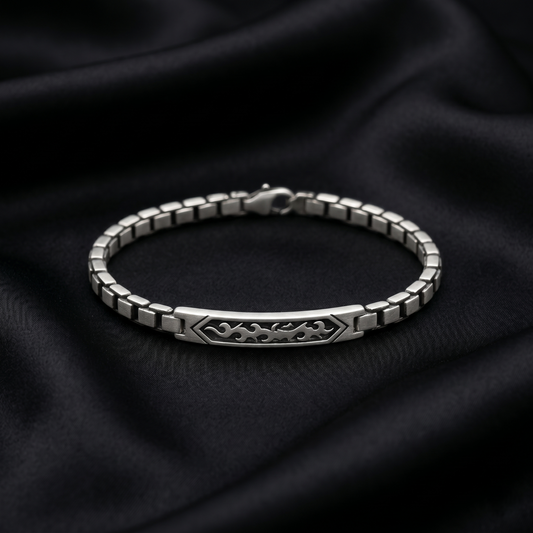Tribal Flame Engraved Silver Box Bracelet