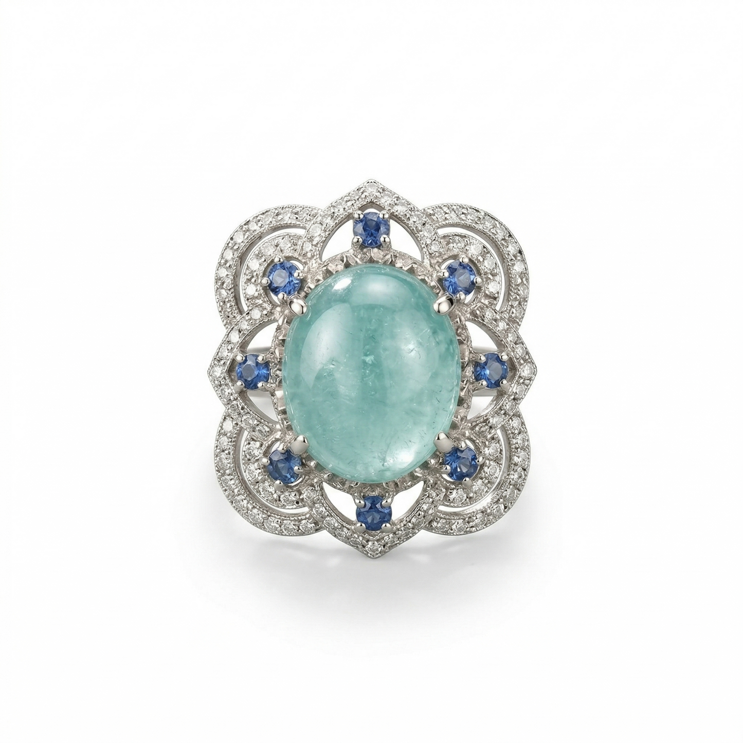 Elegant Floral Silver Aquamarine Cocktail Ring