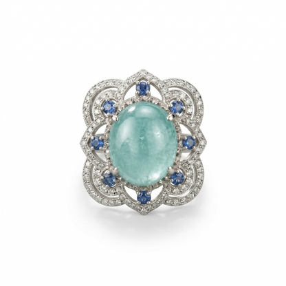 Elegant Floral Silver Aquamarine Cocktail Ring