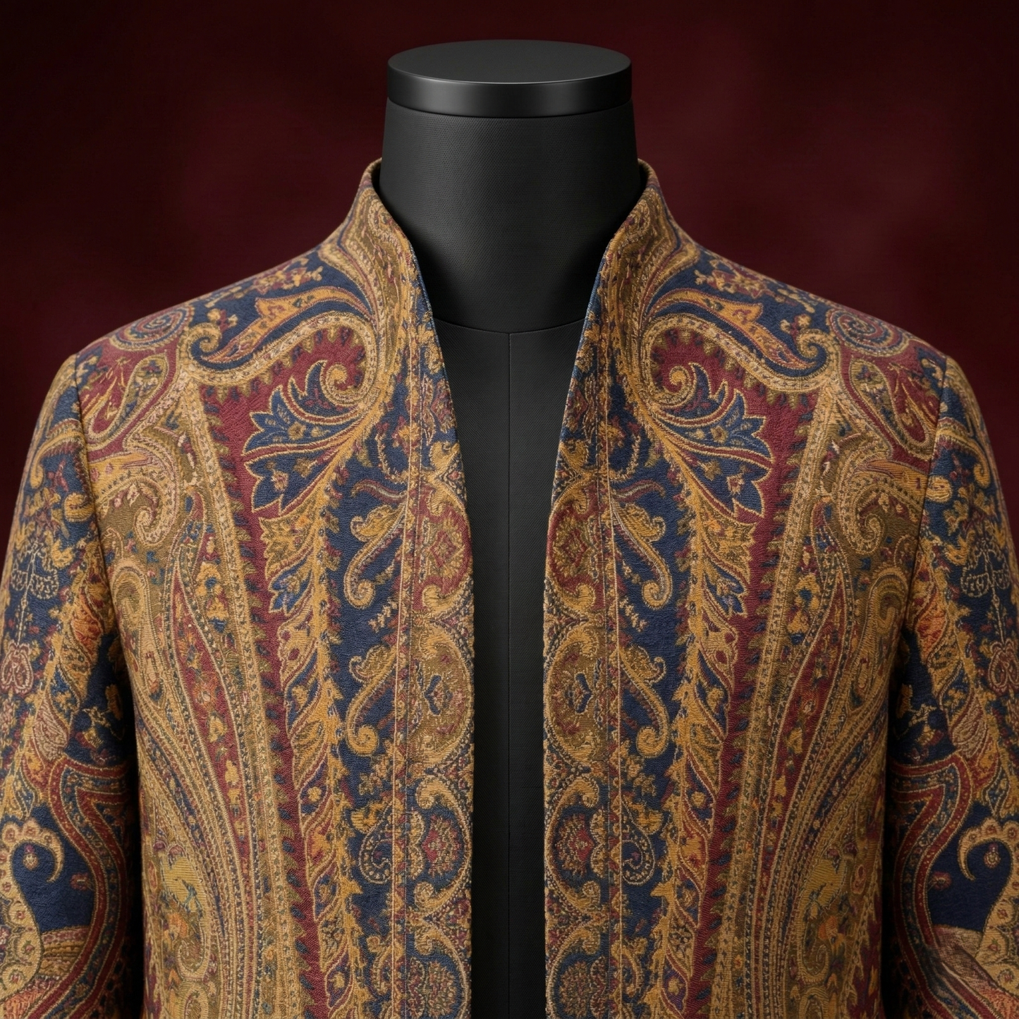 Intricate Paisley Mandarin Stand Collar Coat