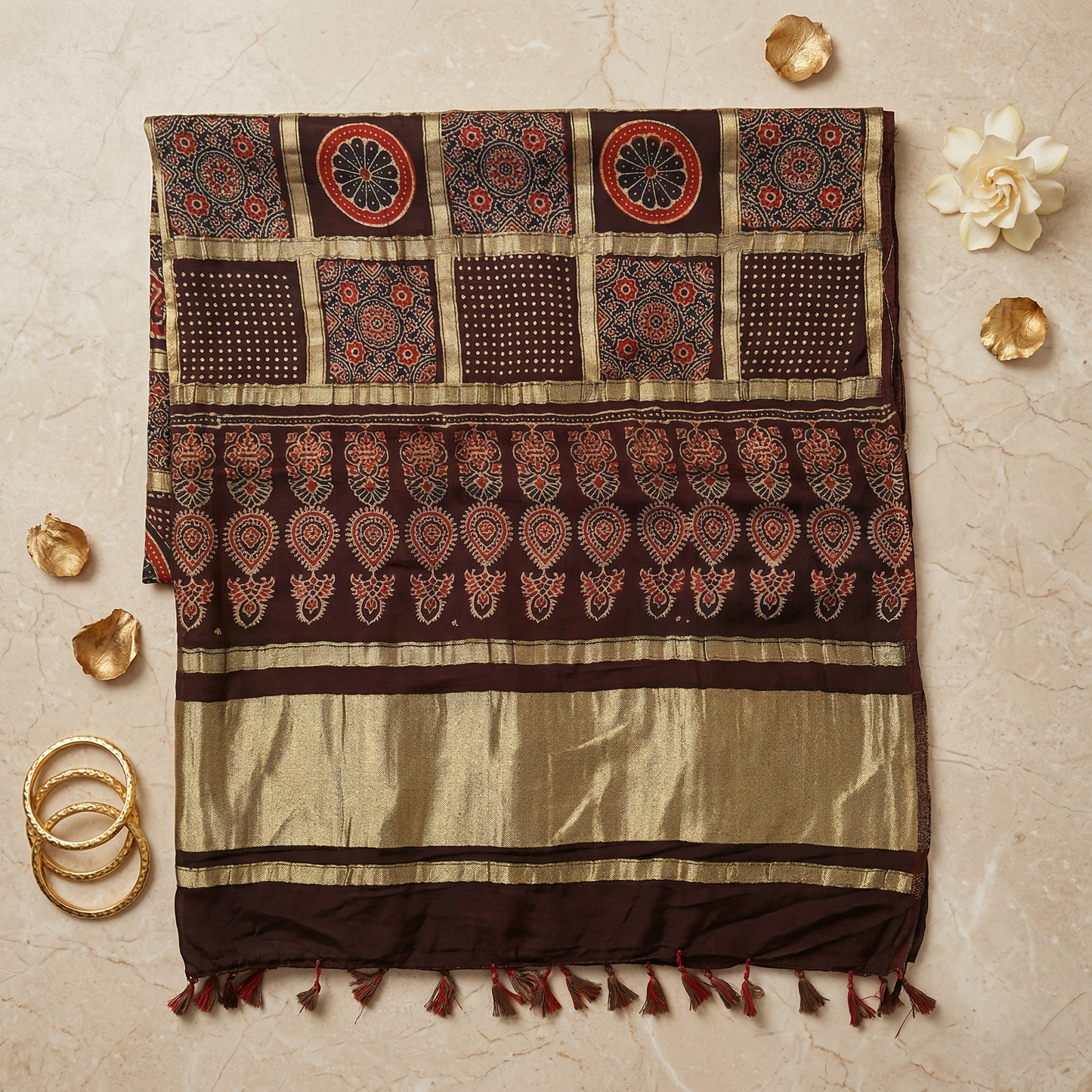 Maroon Silk Ajrakh Print Heritage Dupatta
