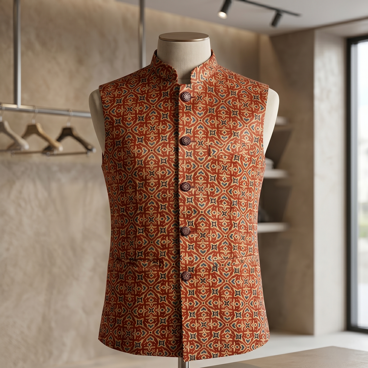 Heritage Ajrakh Print Silk Nehru Jacket