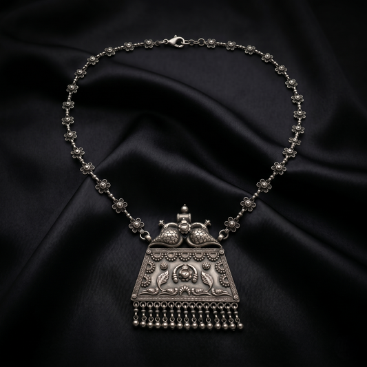 Intricate Floral Silver Necklace With Pendant