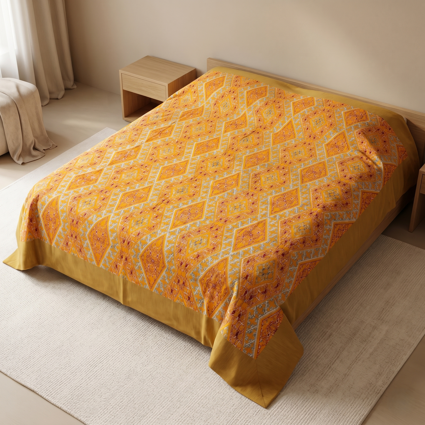 Golden Mustard Geometric Silk Luxury Bedcover
