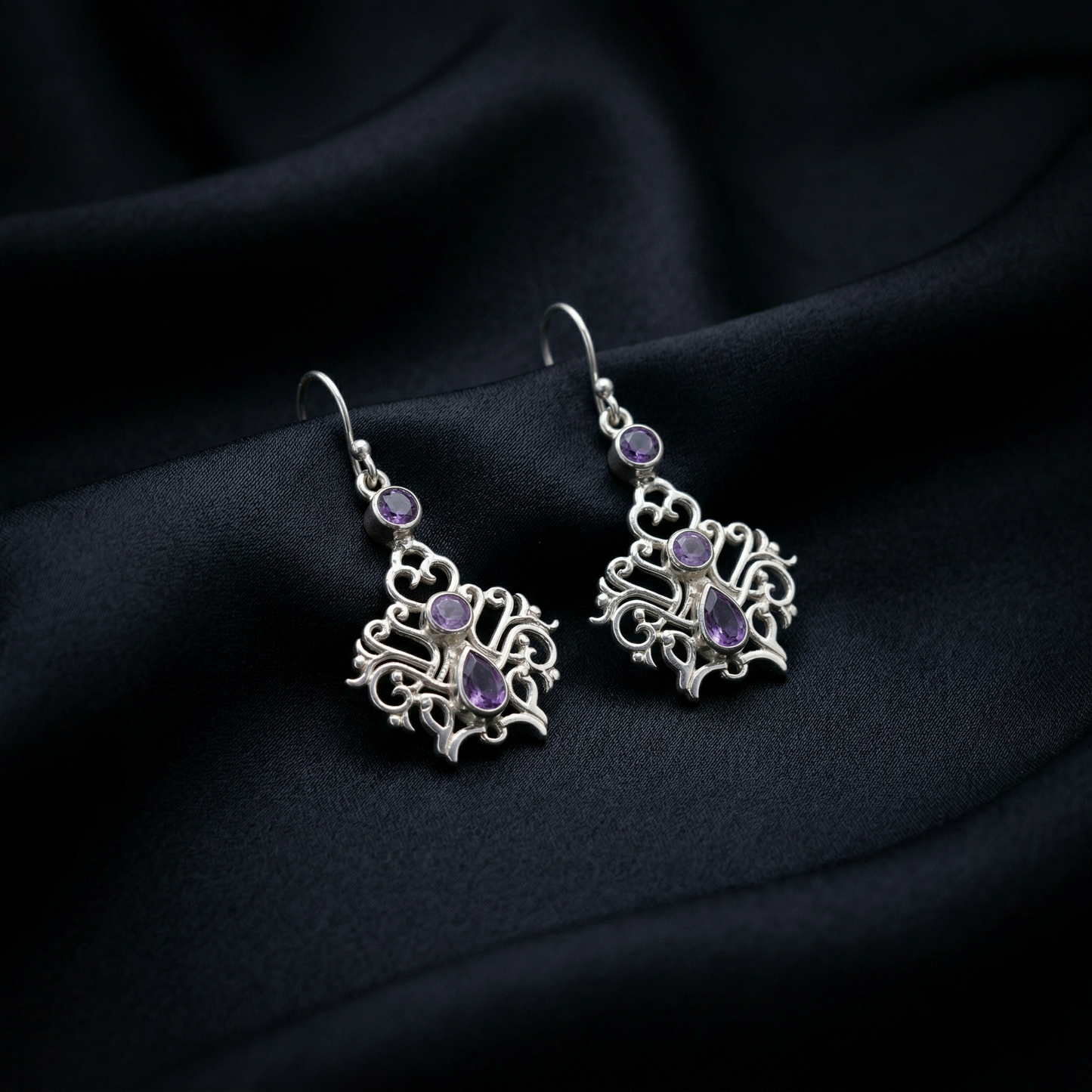 Ornate Silver Filigree Amethyst Drop Earrings