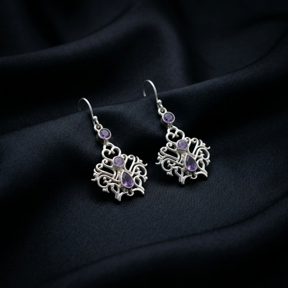 Ornate Silver Filigree Amethyst Drop Earrings