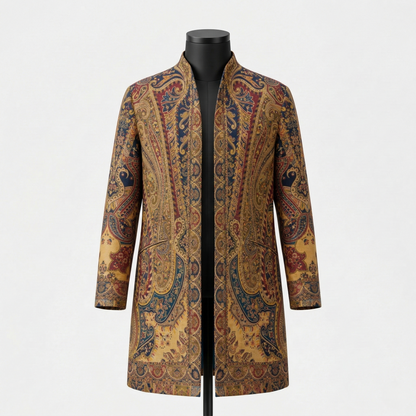 Intricate Paisley Mandarin Stand Collar Coat