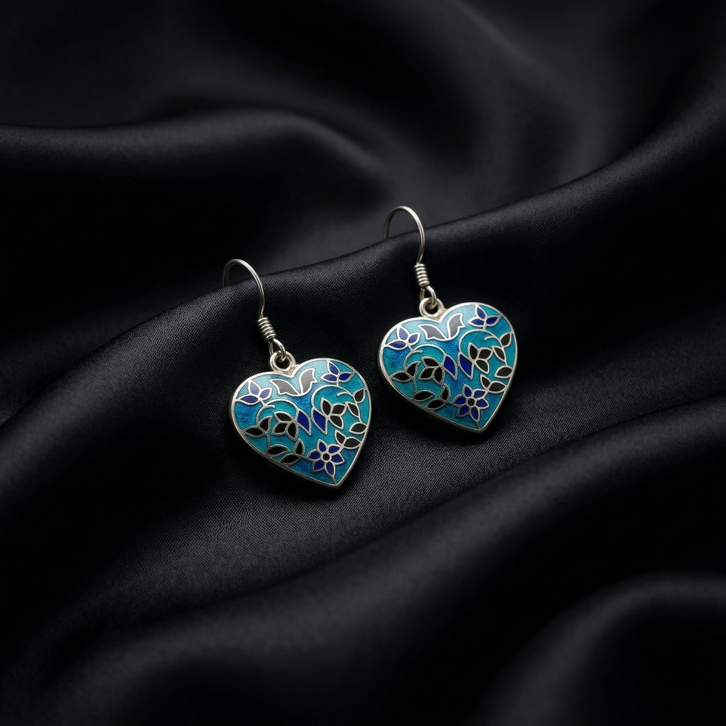 Intricate Blue Meenakari Silver Heart Earrings